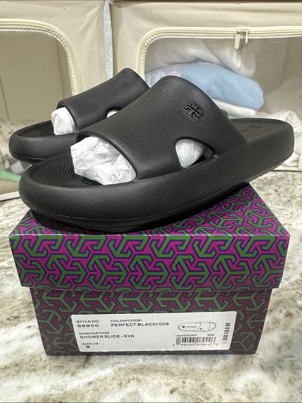 New! Authentic Tory Burch Black Shower Slide Sandals size women’s 9